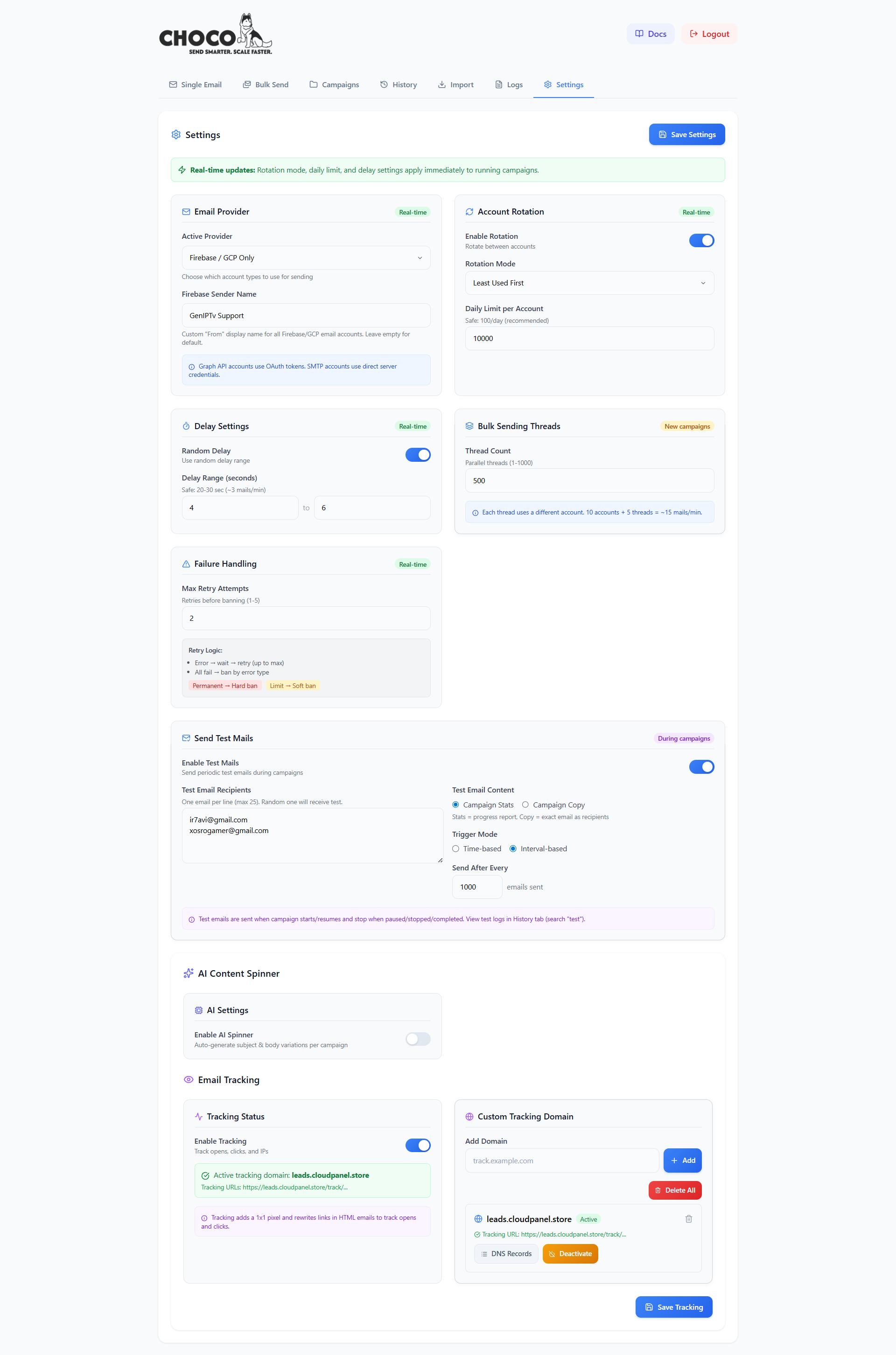 Choco Mailer settings dashboard