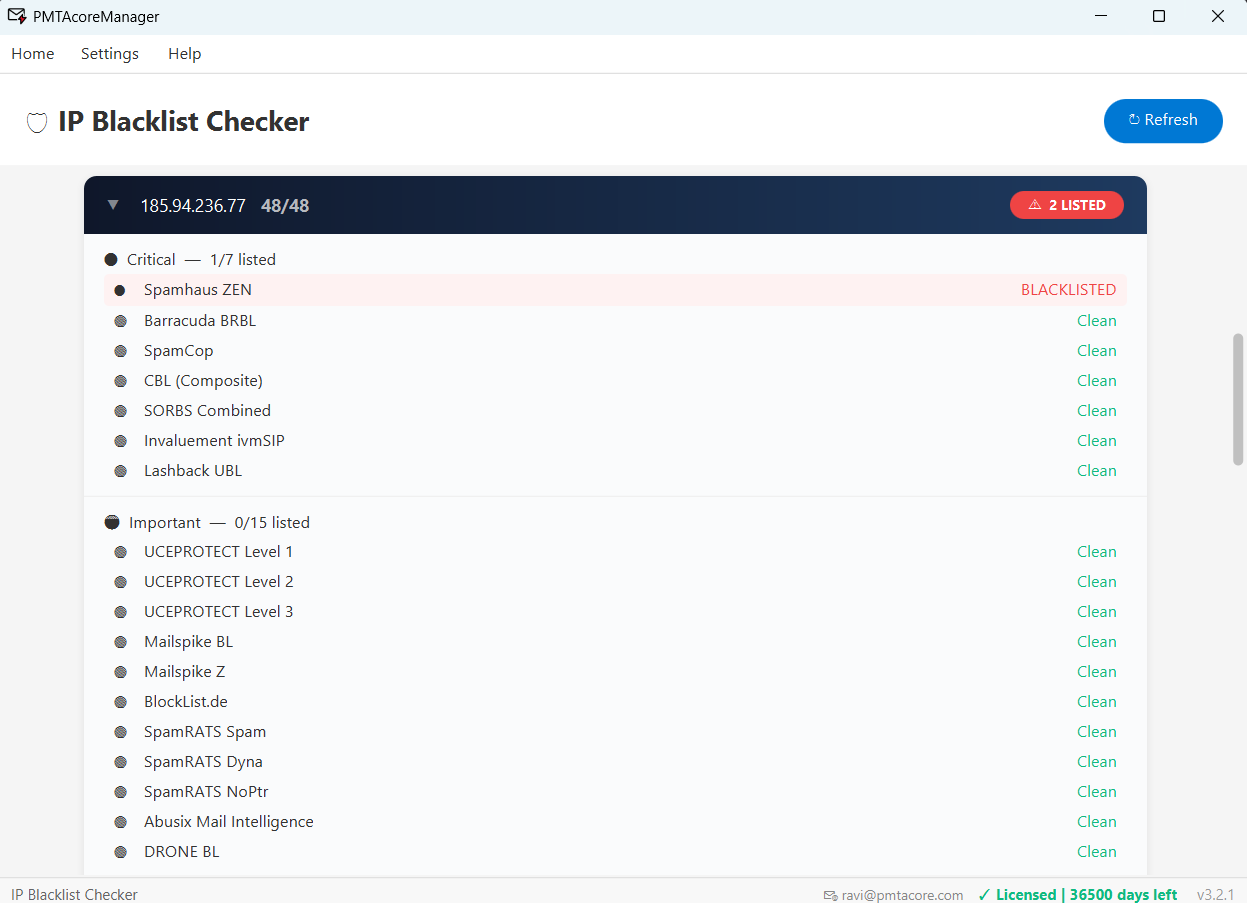 IP Blacklist Checker — PMTAcore PowerMTA management tool feature