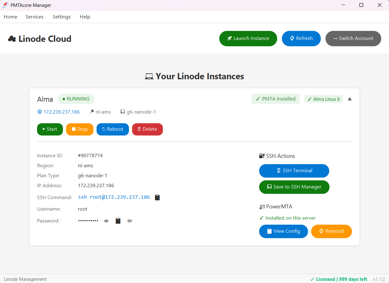 Linode cloud management dashboard in the PMTAcore desktop app showing instances, VPCs, and domains